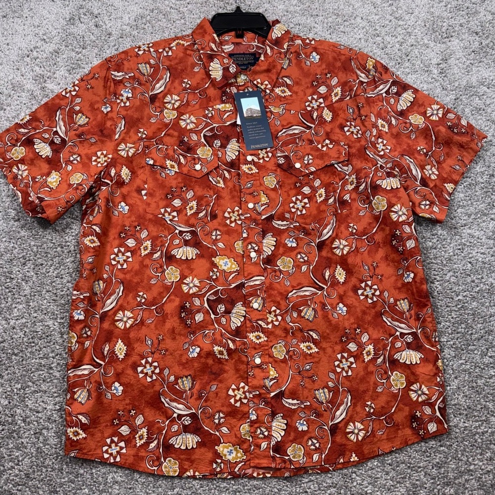 Pendleton Western Shirt Mens XXL Floral Geometric Pearl Snap Front Rust NEW - Picture 2 of 7